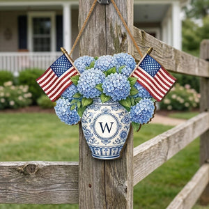 Personalized Patriotic Hydrangea Door Hanger Custom Monogram Wreath Sign American Flag Floral Decor, Gift 2026 Farmhouse Front Door Decor
