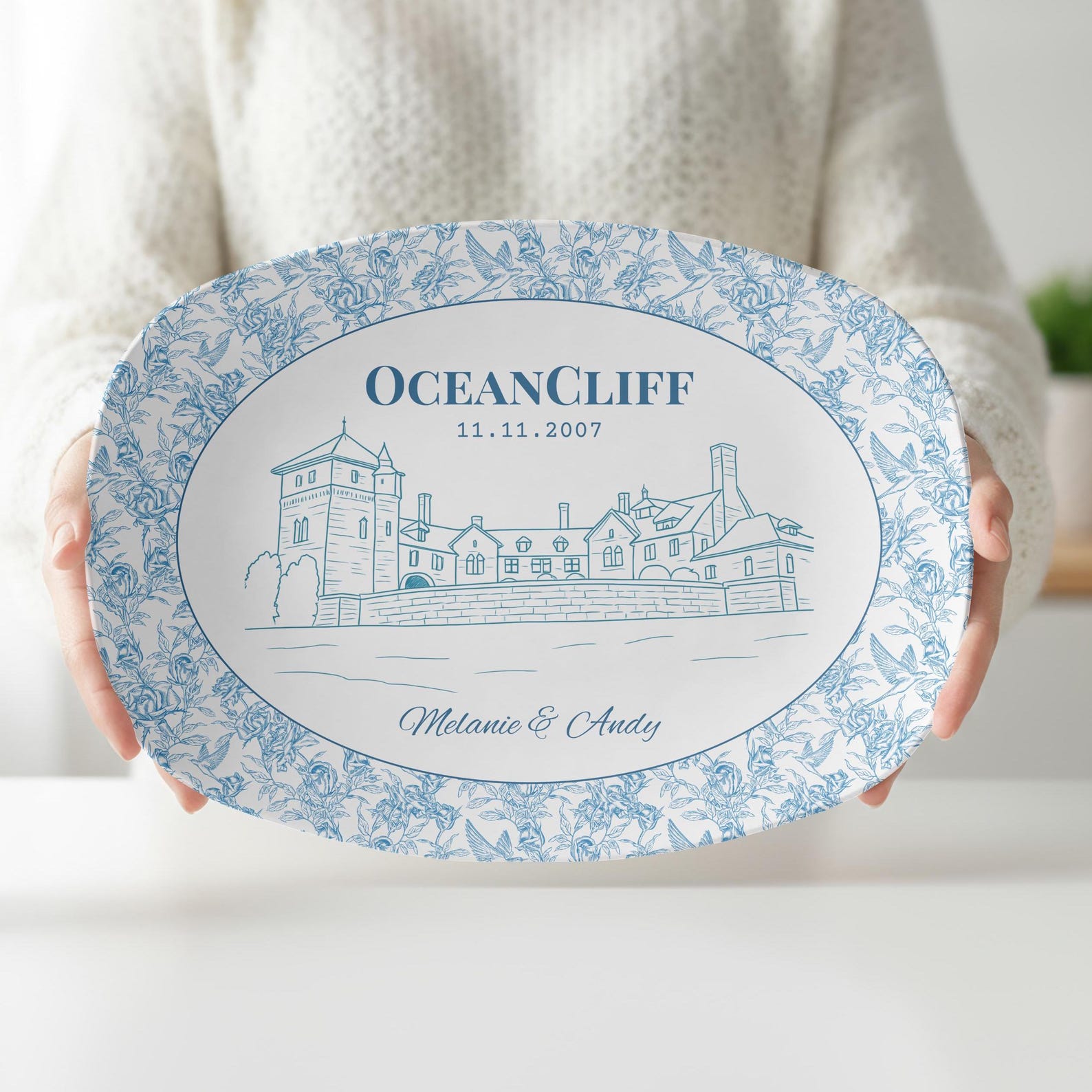 Personalized Wedding Venue Plate, Blue and White Platter, Custom Keepsake Gift for Couples, Unique Bridal Shower Decor, Engagement Plate