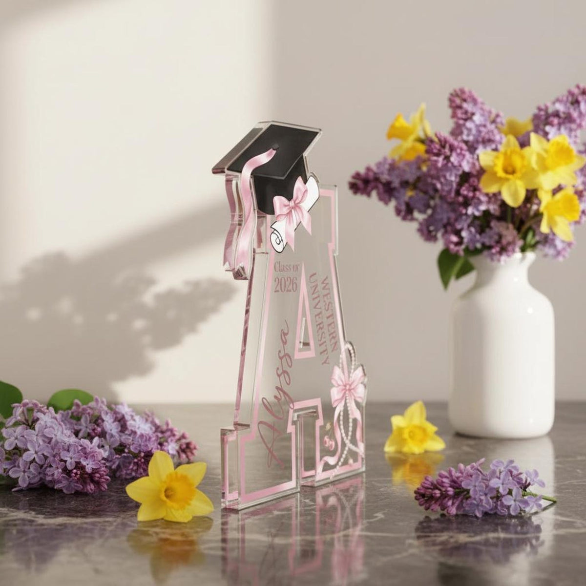 Personalized Graduation Acrylic Block, Custom Initial Pink Bow Keepsake, Class of 2026 Desktop Art