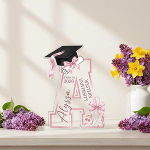 Personalized Graduation Acrylic Block, Custom Initial Pink Bow Keepsake, Class of 2026 Desktop Art