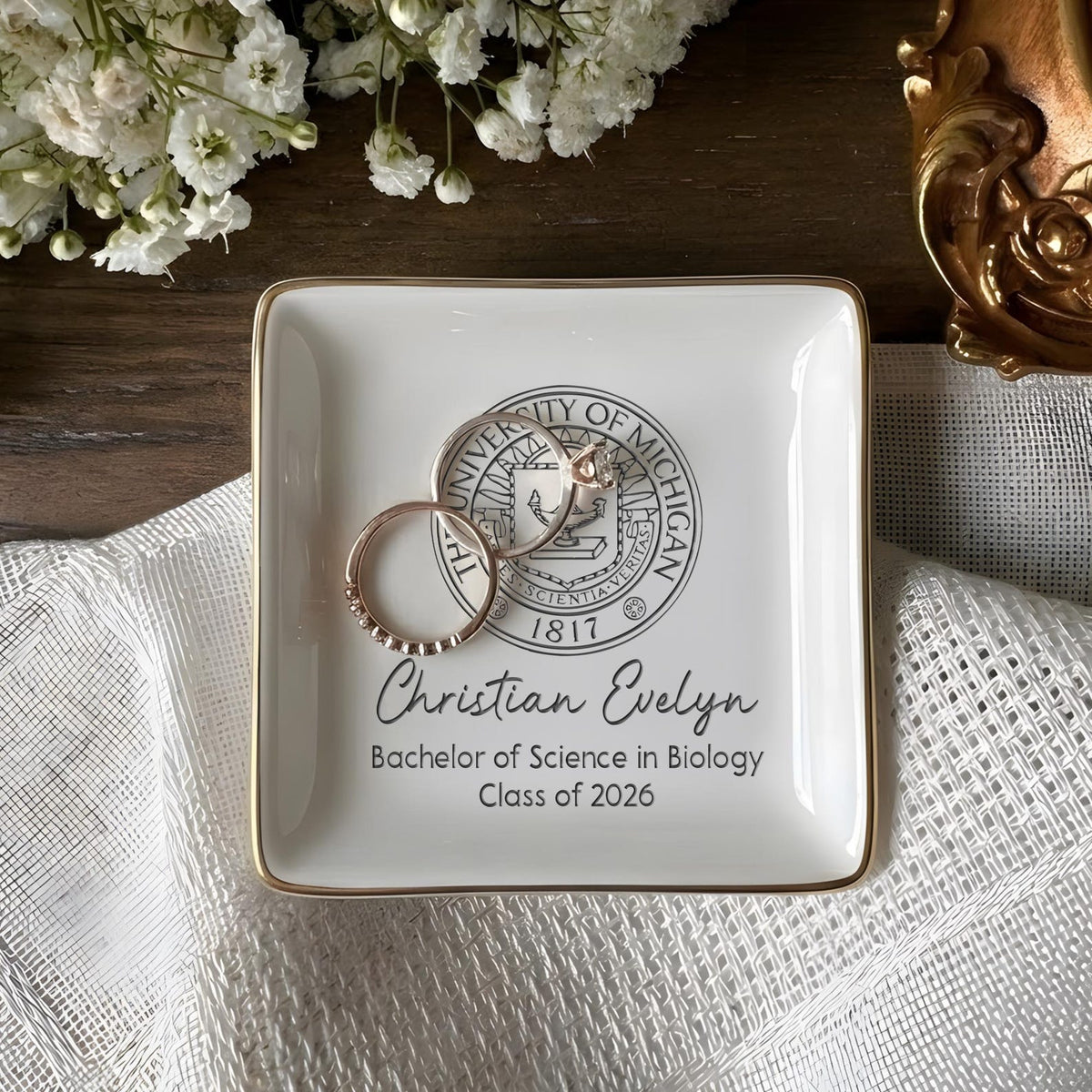 Custom College Logo Graduation Ring Dish, Personalized University Logo Grad Gifts for Her, Class of 2026