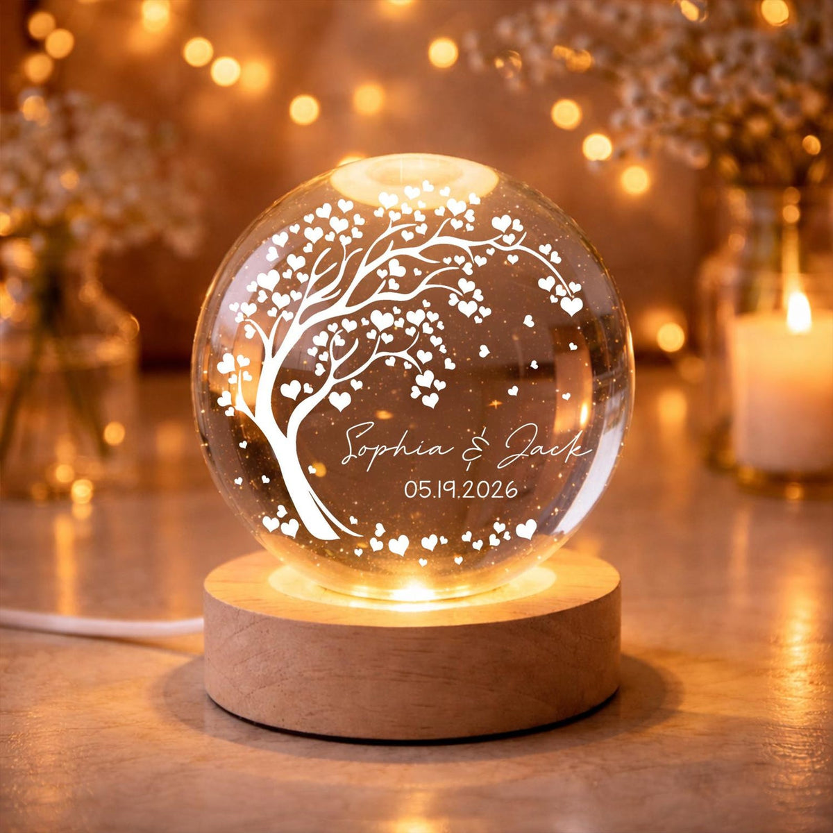 Personalized Wedding Gift, Tree of Hearts Night Light, Custom Anniversary Lamp, Couples Keepsake Globe, Romantic Decor for Bedroom