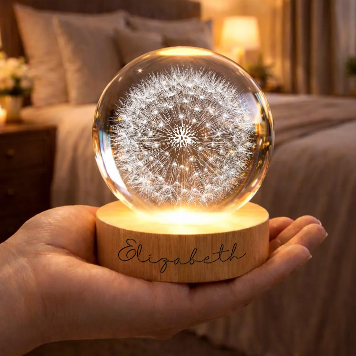 Personalized Dandelion Night Light, Custom Name Crystal Ball Lamp, Dandelion Flower, Unique Birthday Gift for Her, Aesthetic Room Decor