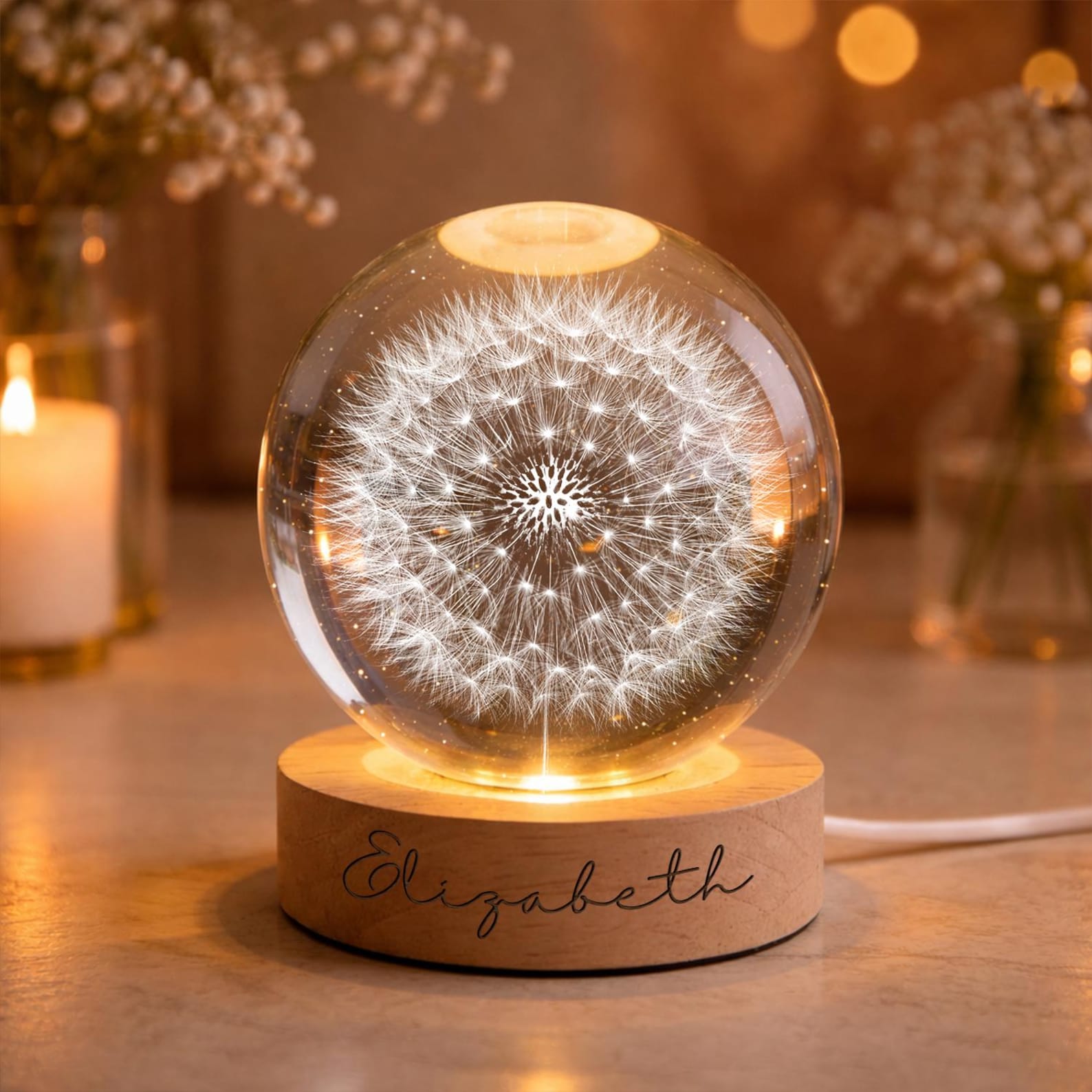 Personalized Dandelion Night Light, Custom Name Crystal Ball Lamp, Dandelion Flower, Unique Birthday Gift for Her, Aesthetic Room Decor
