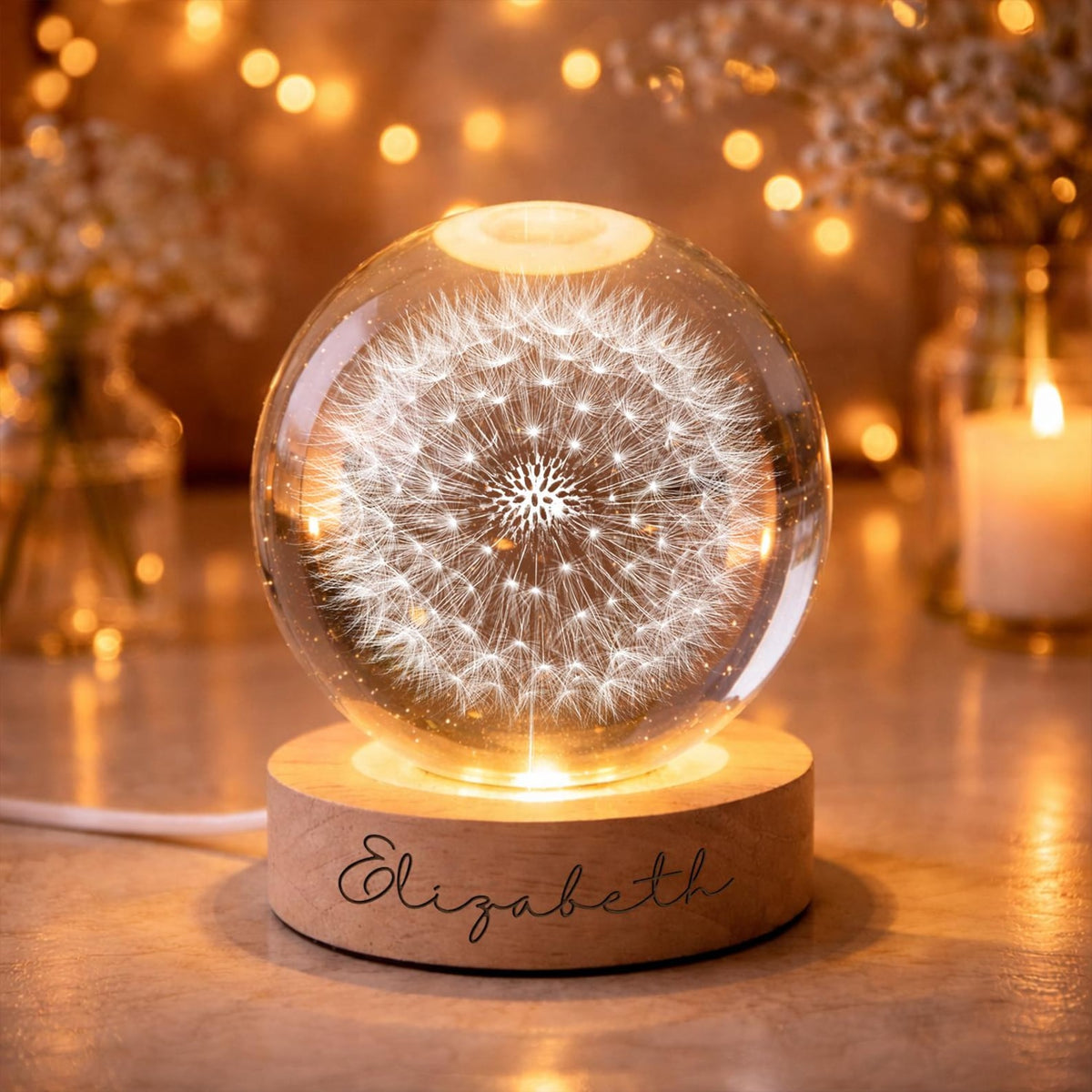 Personalized Dandelion Night Light, Custom Name Crystal Ball Lamp, Dandelion Flower, Unique Birthday Gift for Her, Aesthetic Room Decor