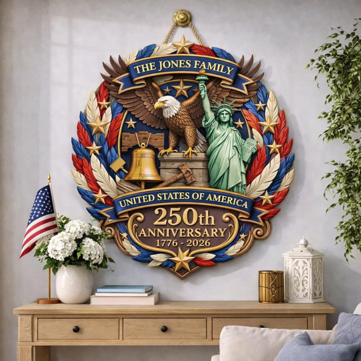250th Anniversary America Door Hanger, 1776 2026 Patriotic Wood Door Sign, American 250 Wall Decor Sign, 250th Anniversary Porch Wooden Sign