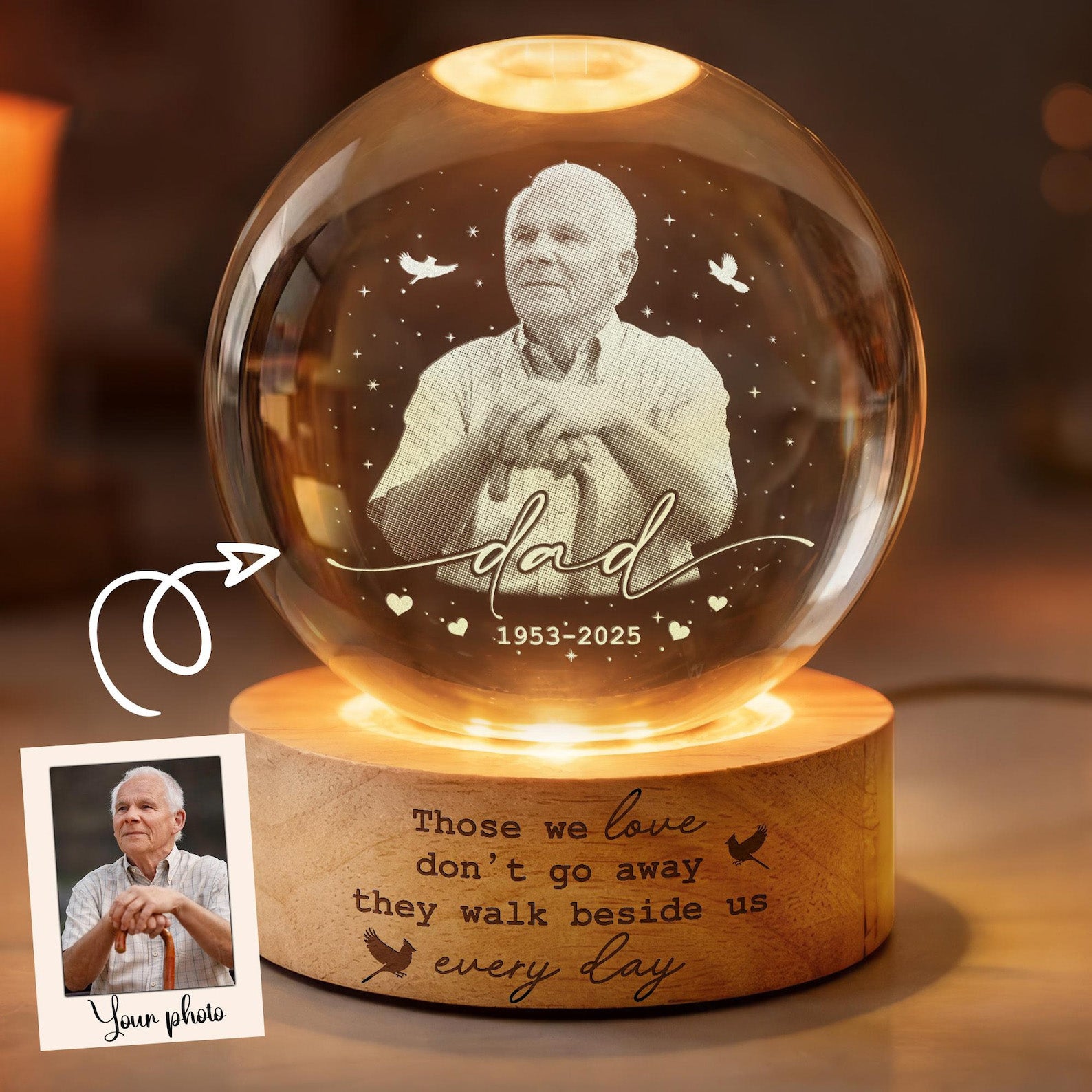 Custom Photo Memorial Night Light, Mom Loss Crystal Ball Light, Mom Remembrance Gift, Dad Memorial Gift, Loss of Father Gift, Sympathy Gift