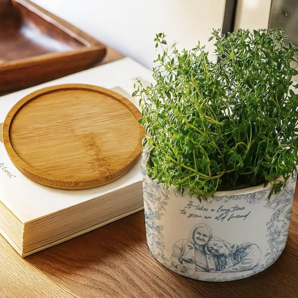 Custom Photo Pencil Sketch A True Friendship Is A Journey Without An End - Personalized Ceramic Plant Pot, Gift For Friends, Plant Lovers