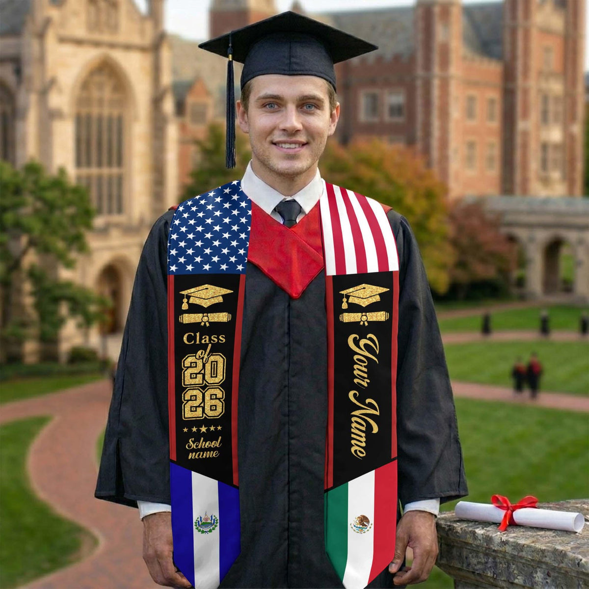 Custom Flags Mixed Graduation Stole with Text, Graduation Stole with Flag, Personalized Graduation Sash, Gift for Graduation, Class of 2026
