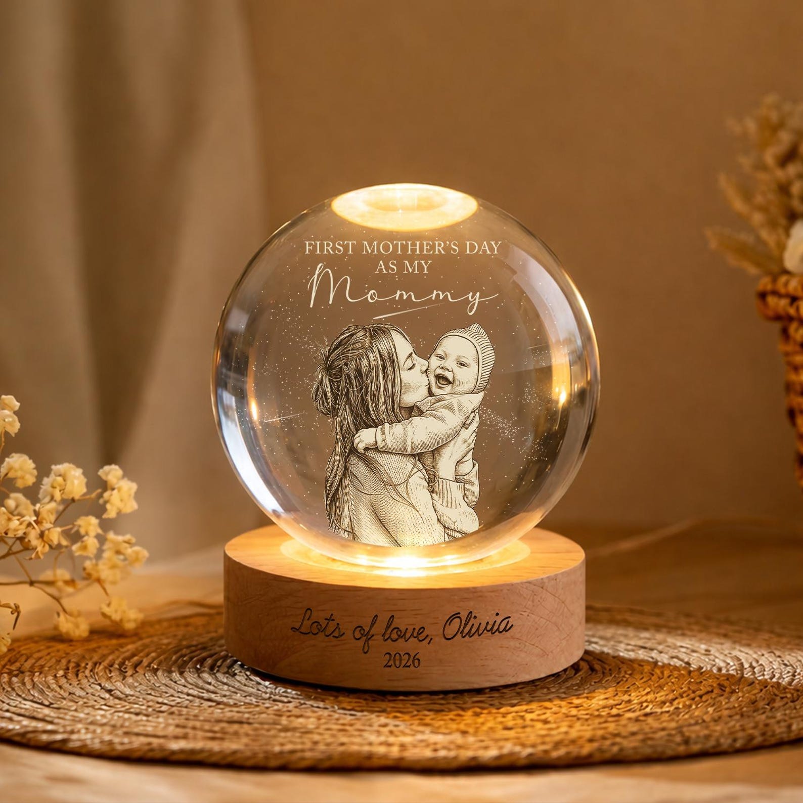 First Mother's Day Photo Crystal Ball Night Light, Personalized Mom Gift New Mom Gift 1st Mothers Day Present from Baby Keepsake, Mama Mom