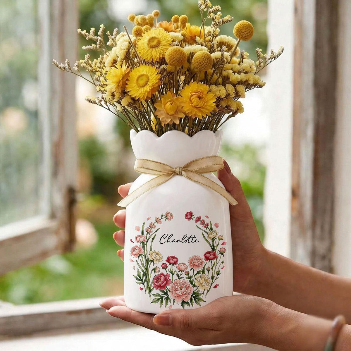 Personalized Floral Name Flower Vase, Ceramic Decorative Vase, Mother's Day Gift for Her, Custom Home Decor, Gift for Mom