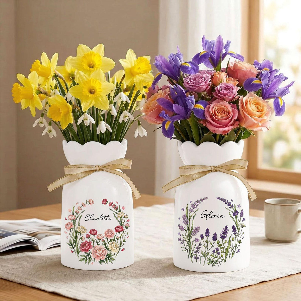 Personalized Floral Name Flower Vase, Ceramic Decorative Vase, Mother's Day Gift for Her, Custom Home Decor, Gift for Mom
