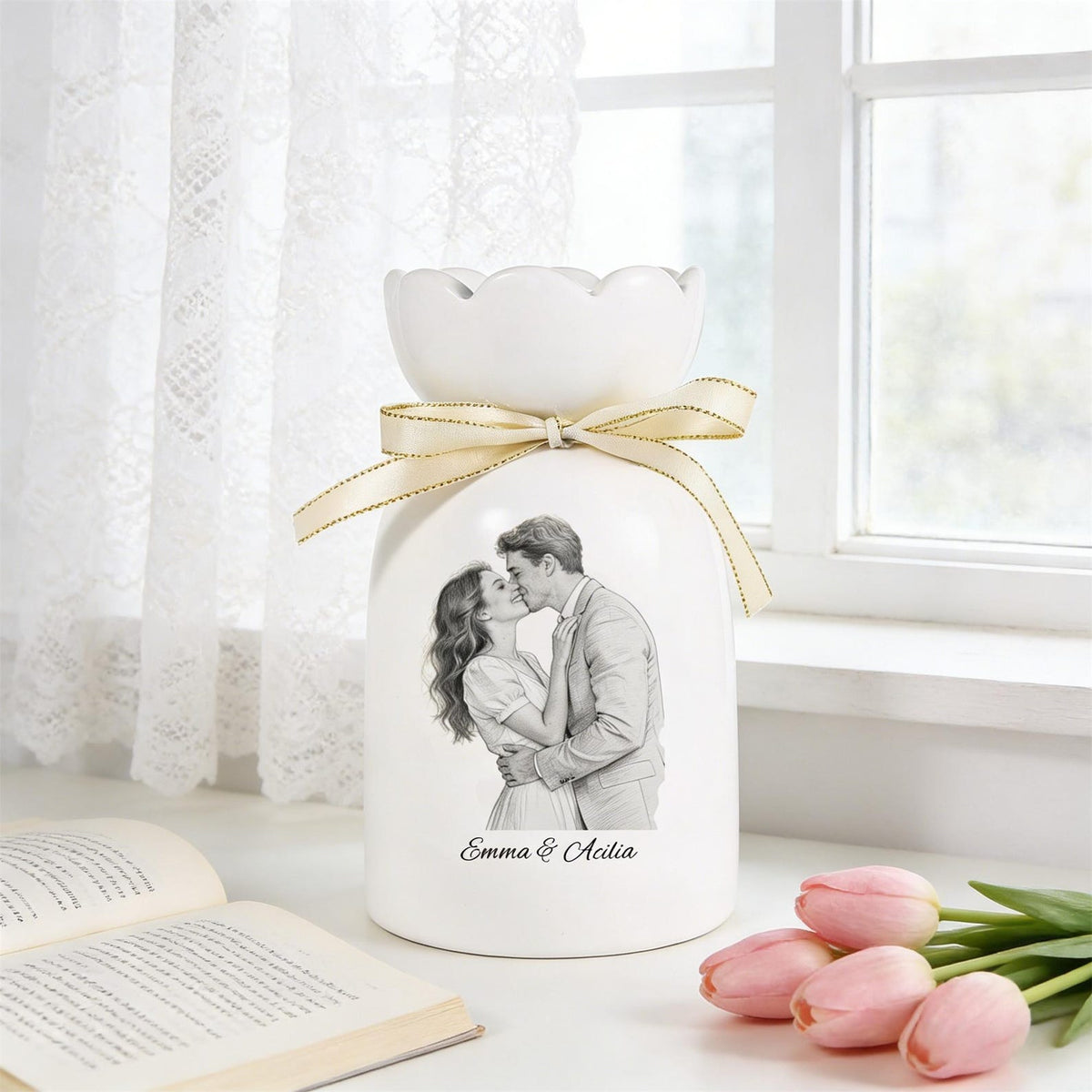 Custom Line Portrait Flower Vase, Personalized Ceramic Flower Vase with Couple Photo Drawing, Wedding Anniversary Gift for Her, Gift for Mom