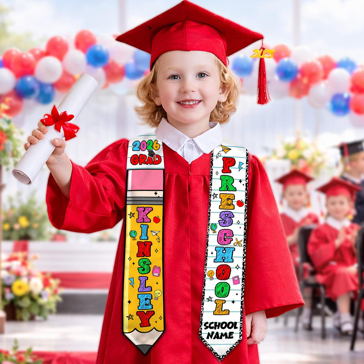 Personalized Prek Grad Pencil Graduation Stole with Name: Class Of 2026 Stole for Boy Girl, Preschool Graduate Sash, Toddler Grad Gifts