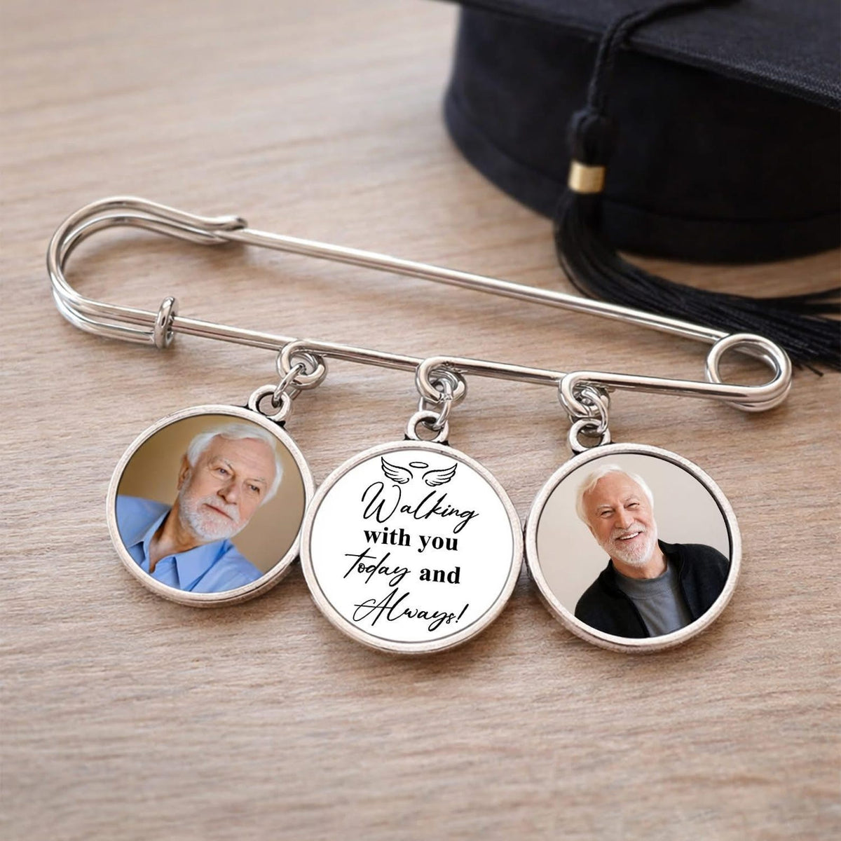 Personalized Graduation Lapel Pin With Photo Charms, Graduation Walking With You Today, Graduation Day Memorial, Graduation Gown Pin