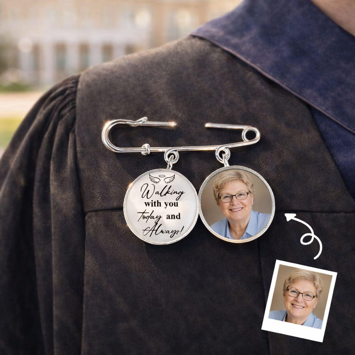 Personalized Graduation Lapel Pin With Photo Charms, Graduation Walking With You Today, Graduation Day Memorial, Graduation Gown Pin