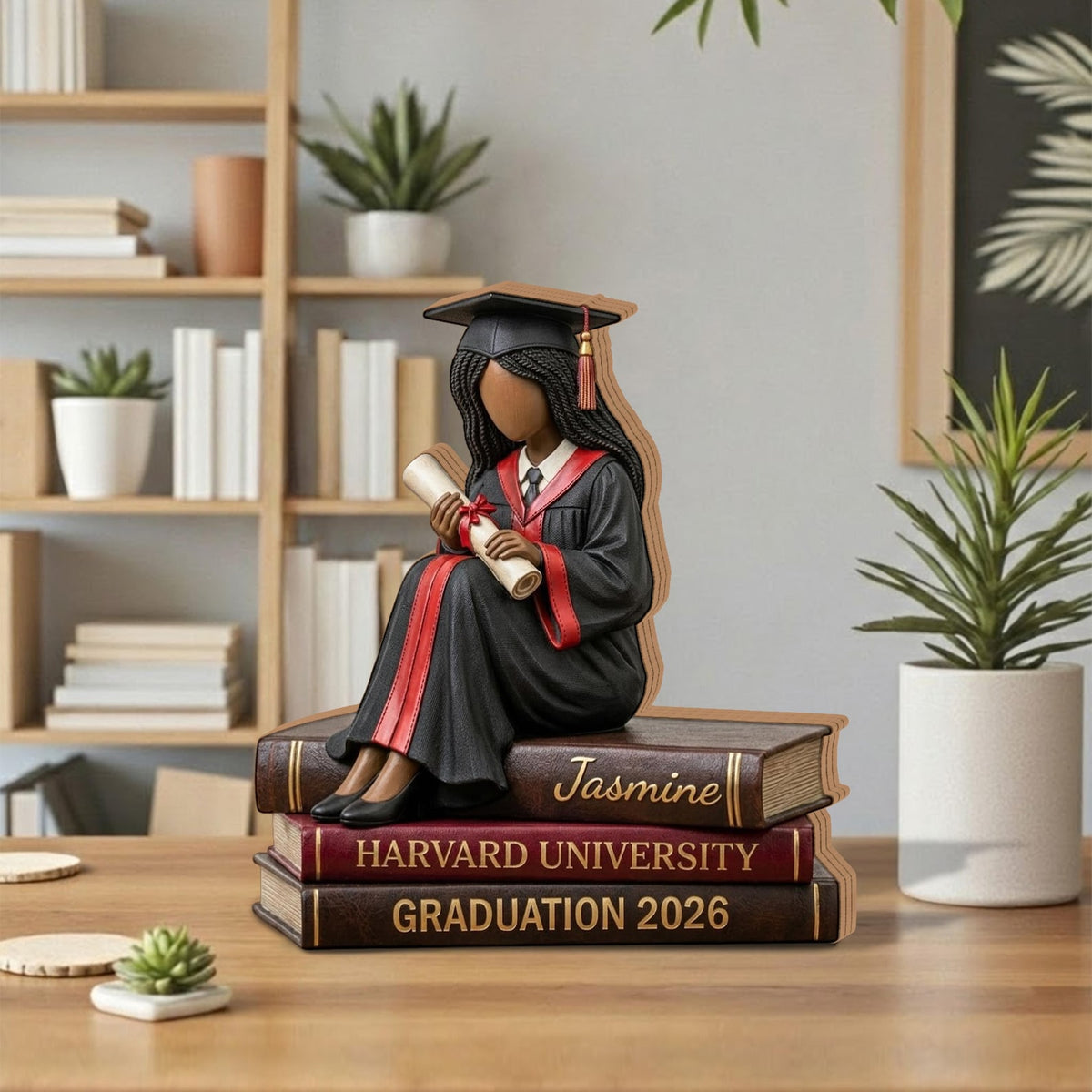 Black Graduate Figurine 2026, Personalized African American Graduation Gift, Custom Name University Book Decor