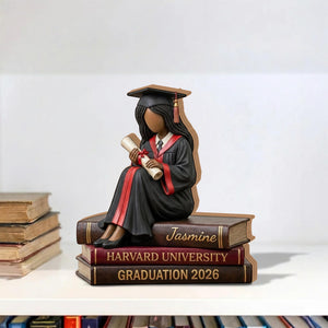 Black Graduate Figurine 2026, Personalized African American Graduation Gift, Custom Name University Book Decor