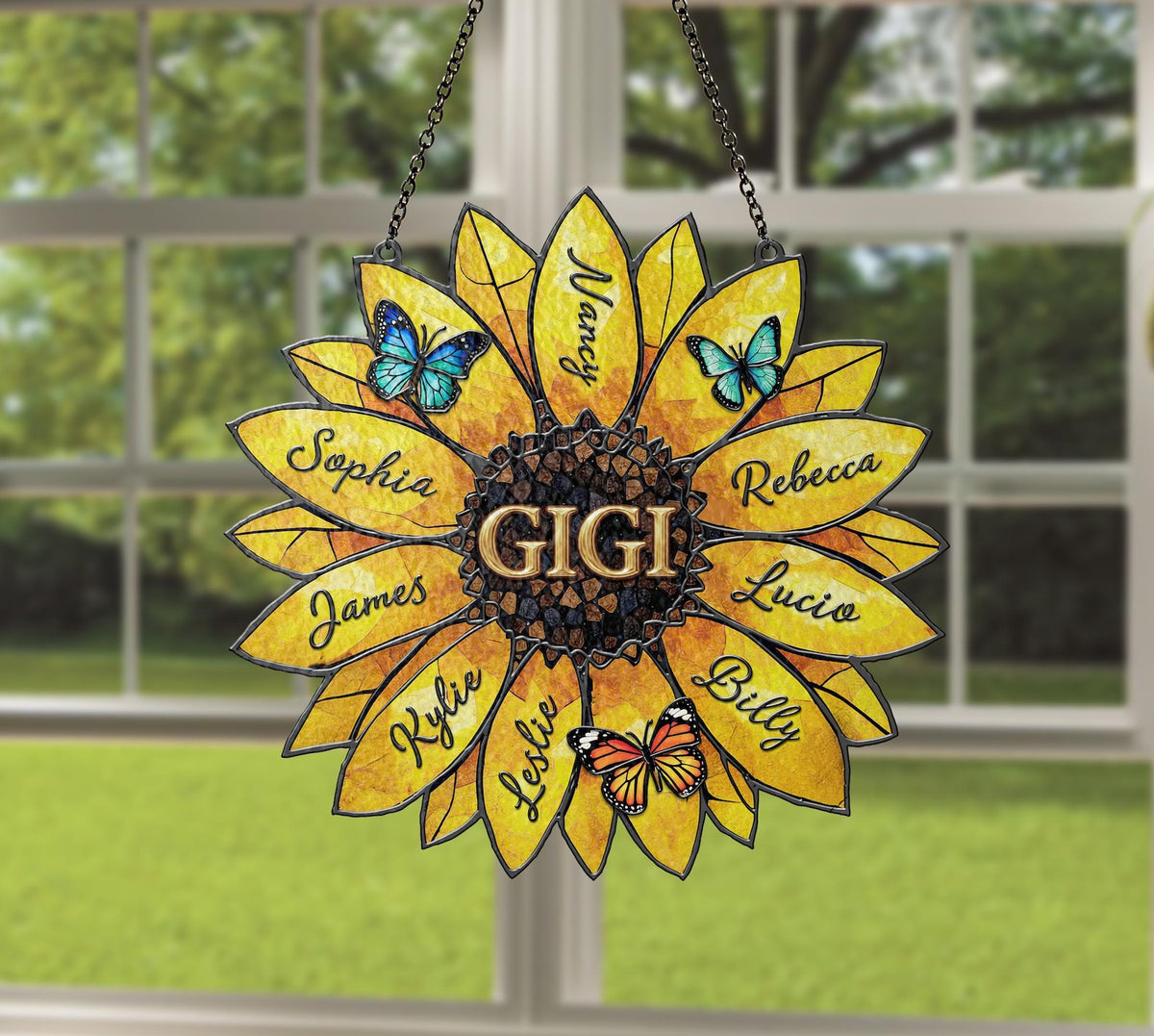 Personalized Sunflower Suncatcher, Custom Family Names, Stained Acrylic Window Art