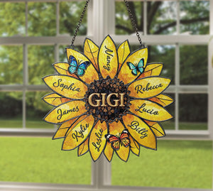 Personalized Sunflower Suncatcher, Custom Family Names, Stained Acrylic Window Art