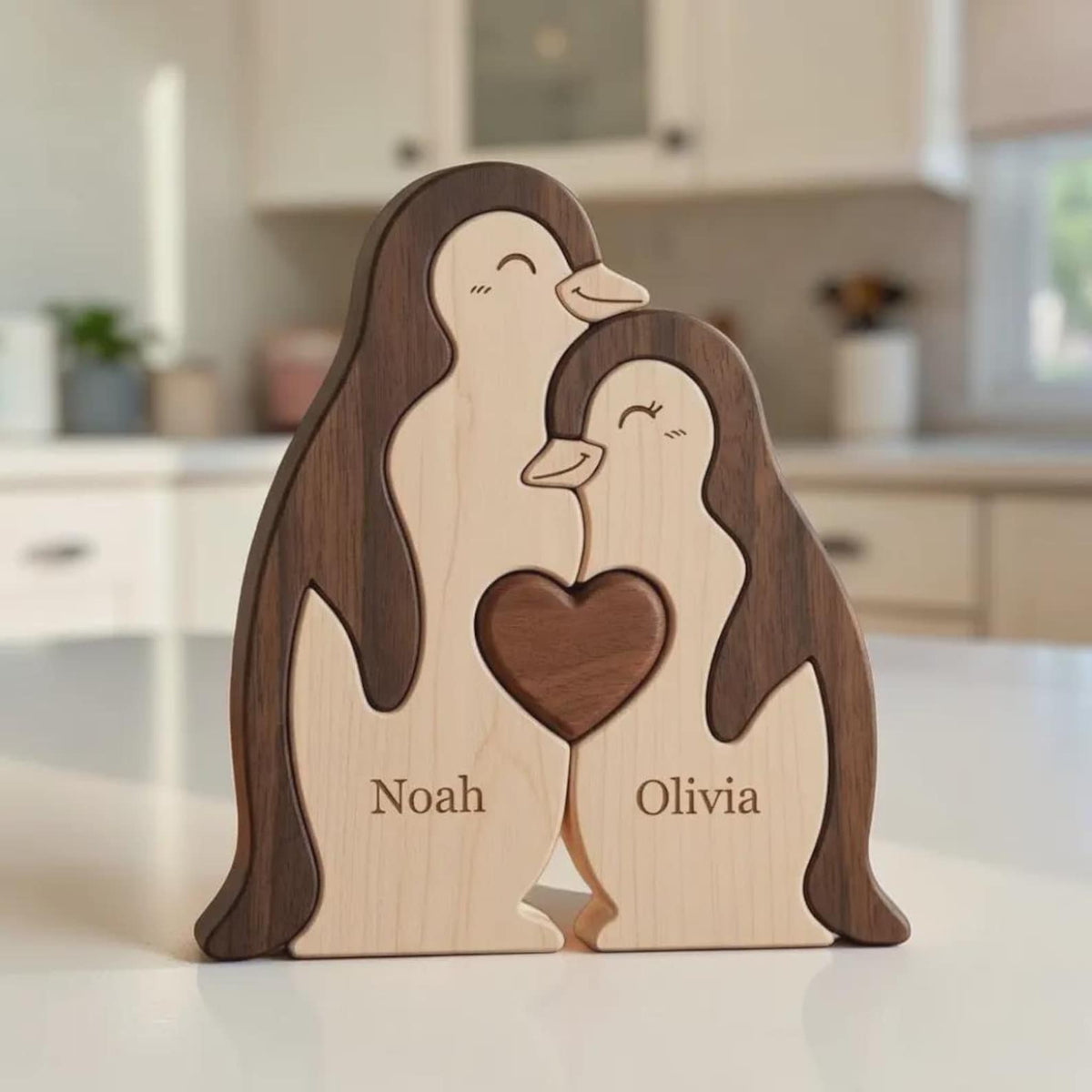 Personalized Wooden Penguin Family Puzzle, Custom Name Animal Keepsake Home Decor