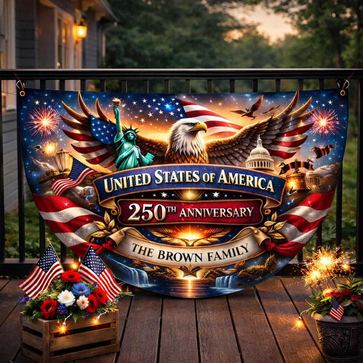 Personalized 250th Anniversary Semicircle Fence Flag Custom Family Name Patriotic Banner USA 1776 2026 Outdoor Independence Day Decor