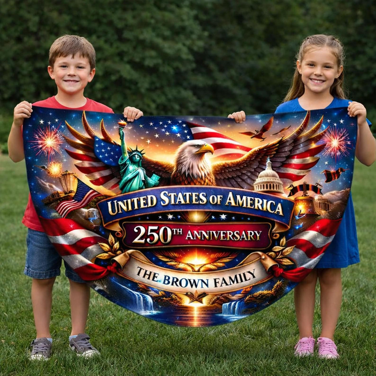 Personalized 250th Anniversary Semicircle Fence Flag Custom Family Name Patriotic Banner USA 1776 2026 Outdoor Independence Day Decor
