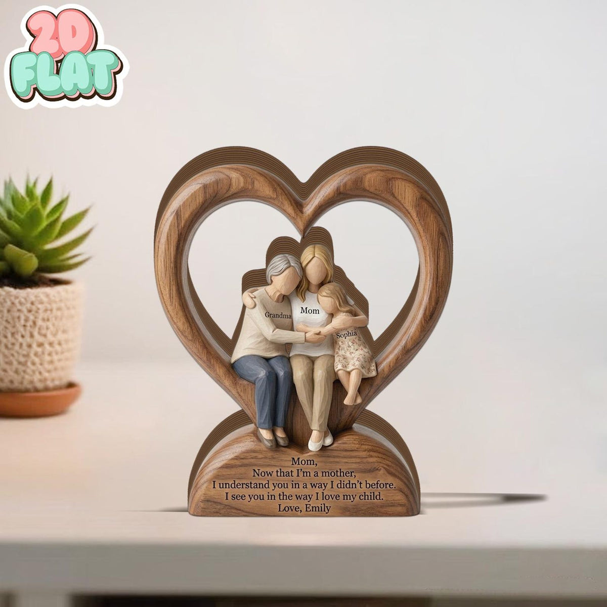 Generational Family 2D FLAT Wooden Block, Grandma Mom Daughter Keepsake, Personalized Wood Gift, Mother Daughter Gift, Family Heart Decor
