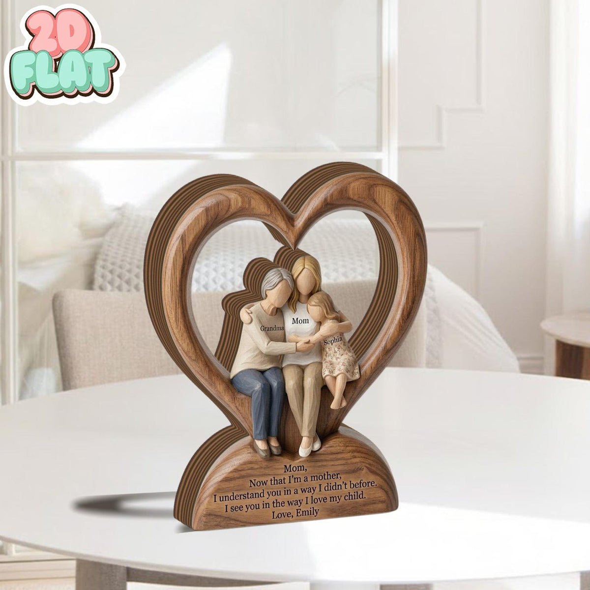 Generational Family 2D FLAT Wooden Block, Grandma Mom Daughter Keepsake, Personalized Wood Gift, Mother Daughter Gift, Family Heart Decor