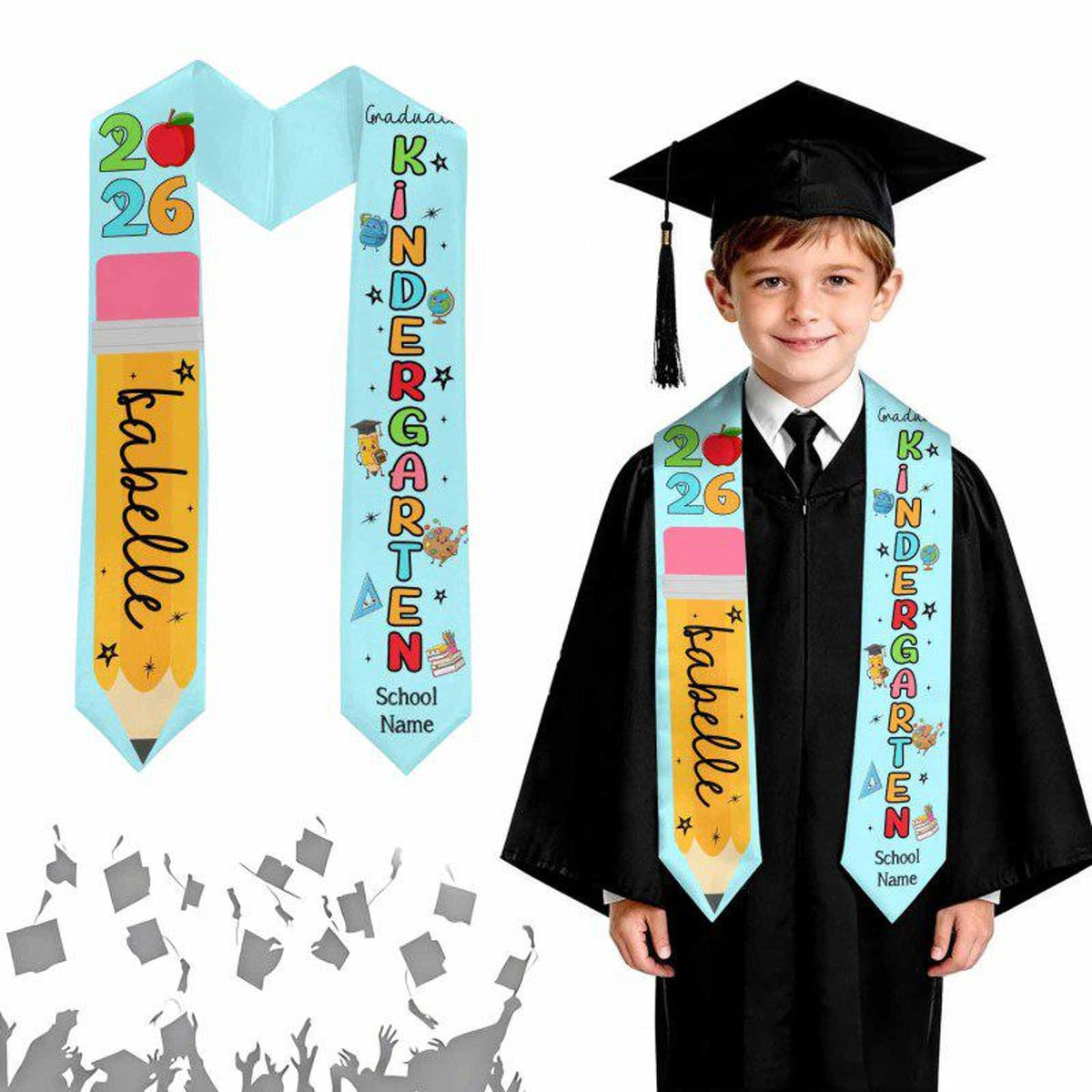 Custom Name Kindergarten Graduation Stole, Personalized Kids Kindergarten Sashes Class of 2026