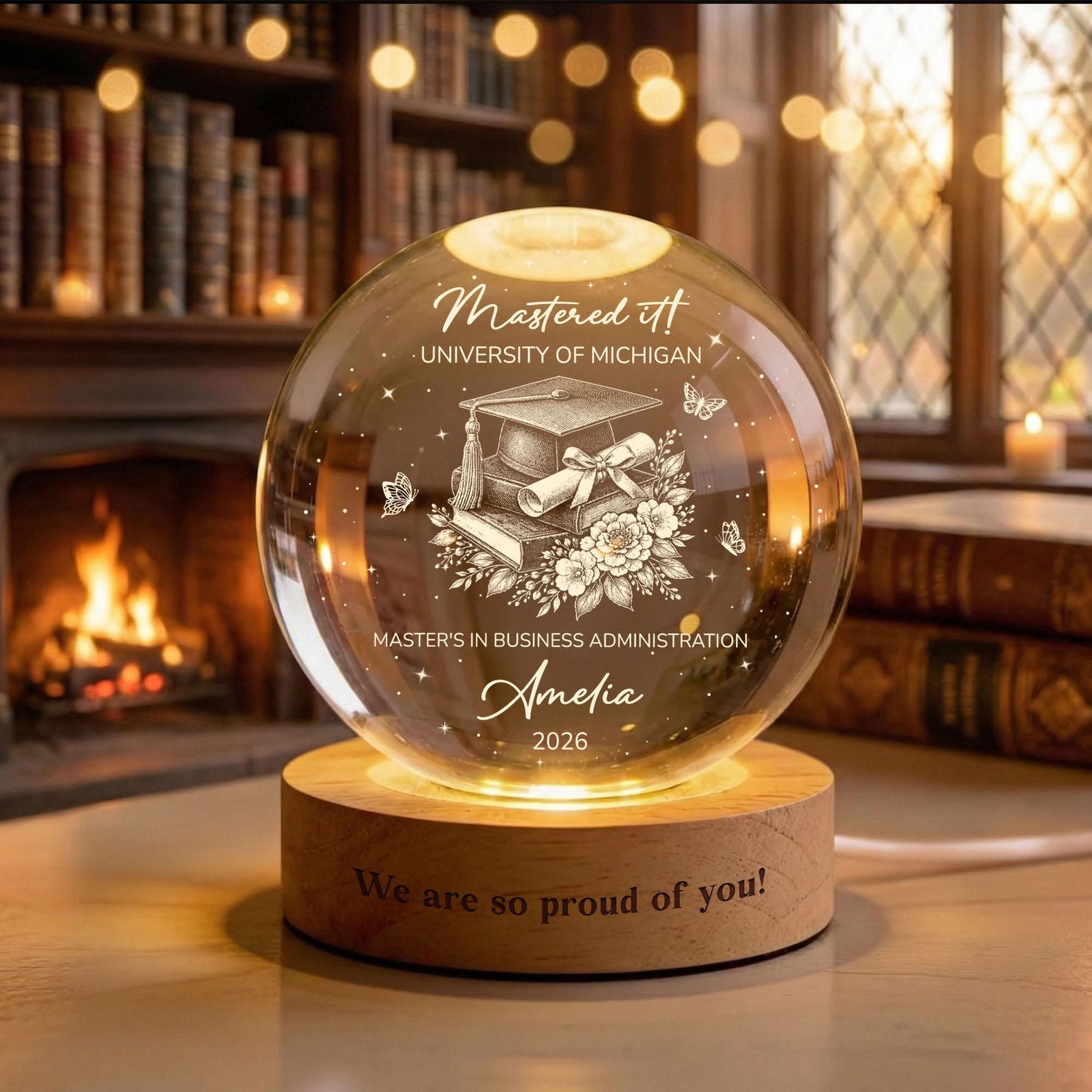 Custom Master's Degree Graduation Crystal Ball Night Light, Custom MBA Keepsake Gift, Graduation Gift For Bestie, Daughter, College Gift