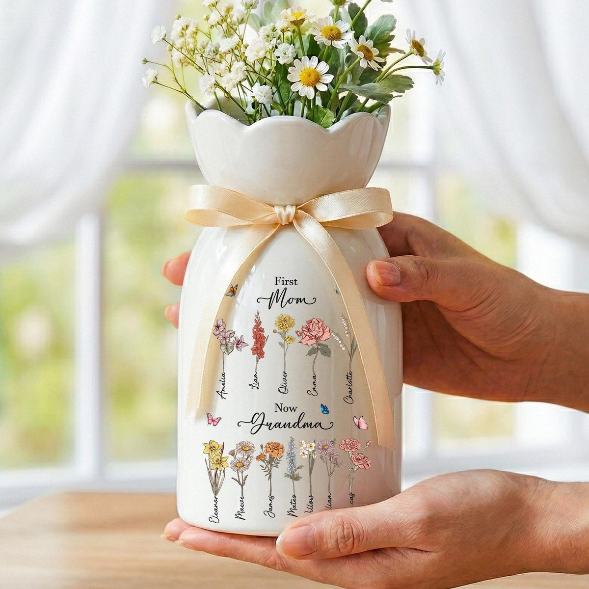 Custom First Mom Now Grandma Ceramic Flower Vase, Birth Month Flower Vase, Grandmas Garden Vase, Birthday Gift for Mom Nana Mothers Day Gift