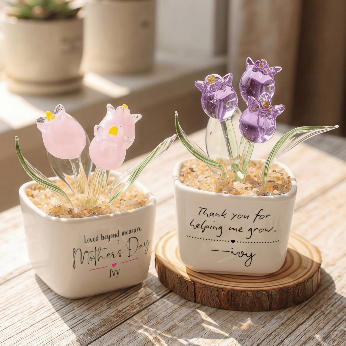 Personalized Glass Tulip, Custom Mother's Day Gift for Mom, Best Friend Birthday Present, Miniature Floral Desk Decor
