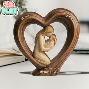 First Mothers Day 2D FLAT Wooden Block Gift, Personalized Mom and Baby Keepsake, Heart Shape Wood Sculpture, New Mom Gift, Custom Name Decor
