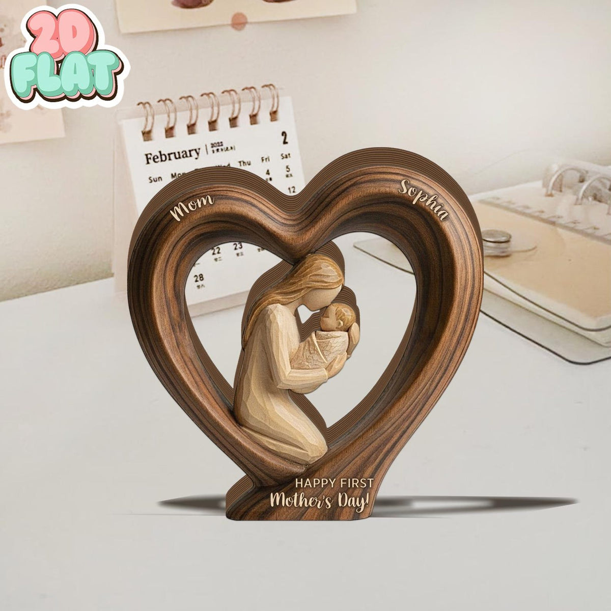 First Mothers Day 2D FLAT Wooden Block Gift, Personalized Mom and Baby Keepsake, Heart Shape Wood Sculpture, New Mom Gift, Custom Name Decor