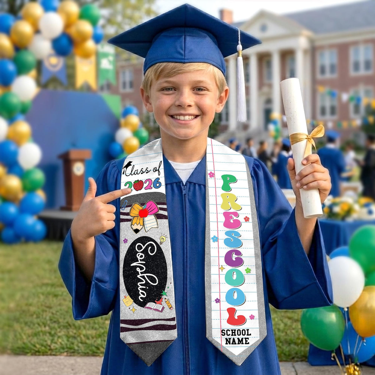 Custom Name Kid Graduation Stole, Crayon Kindergarten Grad Stole, Graduation Gift for Daughter Son, Class of 2026 & Last Day Of School Gift