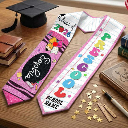 Custom Name Kid Graduation Stole, Crayon Kindergarten Grad Stole, Graduation Gift for Daughter Son, Class of 2026 & Last Day Of School Gift