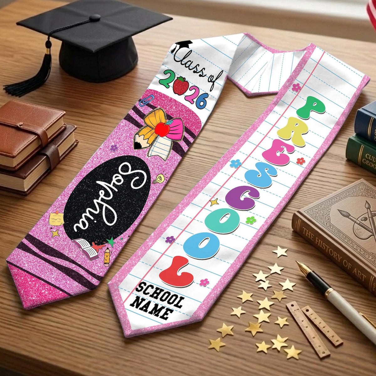 Custom Name Kid Graduation Stole, Crayon Kindergarten Grad Stole, Graduation Gift for Daughter Son, Class of 2026 & Last Day Of School Gift