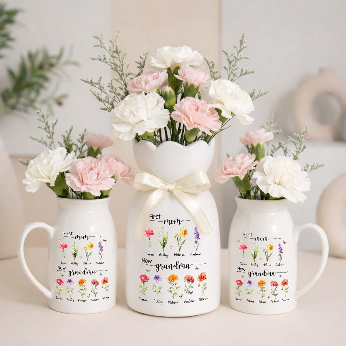 Personalized First Mom Now Grandma Flower Vase, Birth Month Flower Vase with Grandkids Name, Grandma Gift, Mothers Day Gift