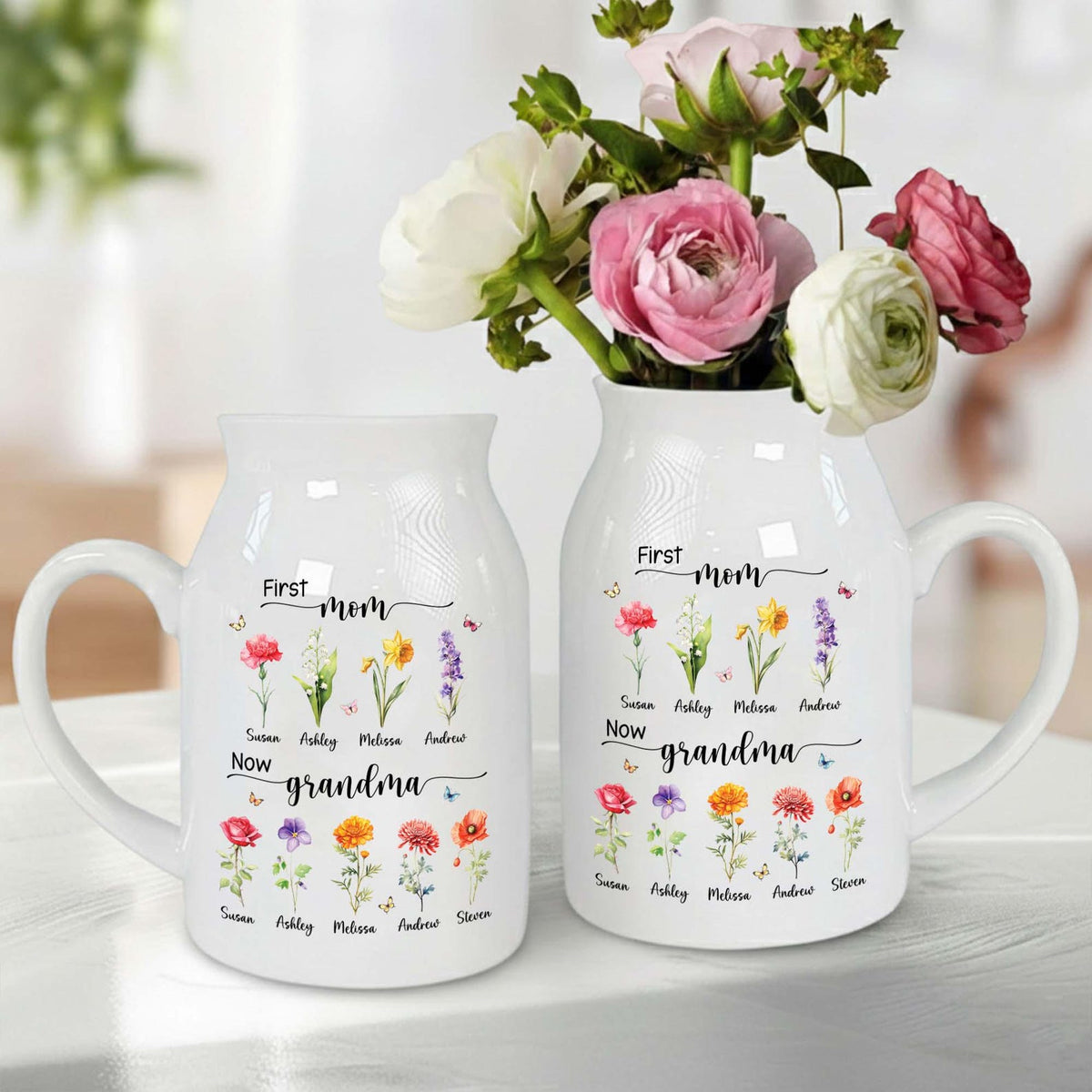 Custom First Mom Now Grandma Ceramic Flower Vase, Birth Month Flower Vase, Grandmas Garden Vase, Birthday Gift for Mom Nana,Mothers Day Gift