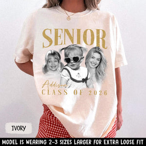 Personalised Vintage Photo and Year Senior Shirt: Retro Graduate Picture Shirt, Class of 2026 Graduation Gift, Senior Boy Girl Grad Gifts