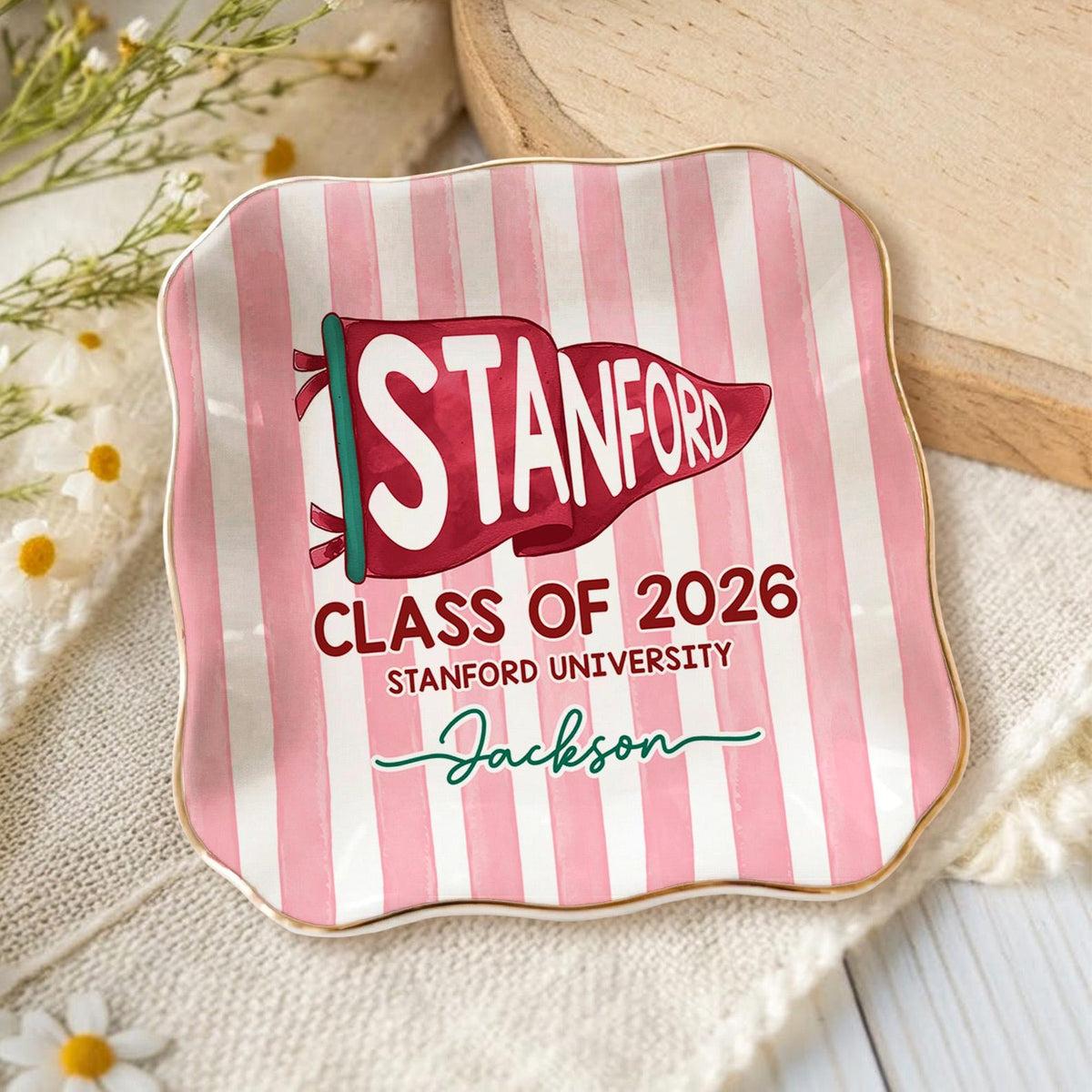 Custom School Pennant Flag Ring Dish: Class of 2026 Graduation Gift, College University Pride Spirit Gift, Senior Striped Tray for Her