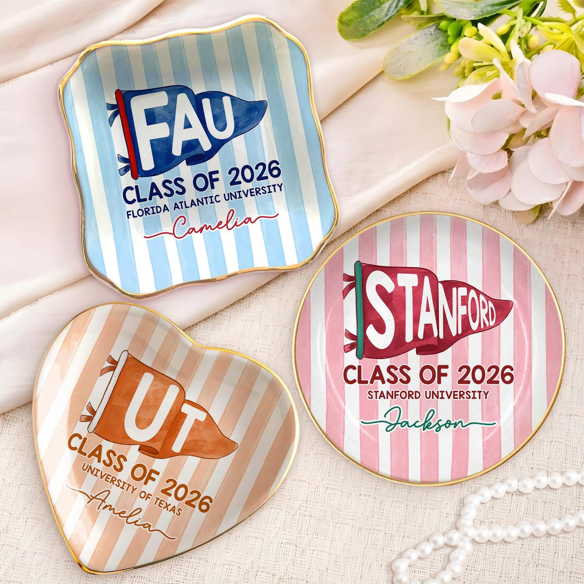 Custom School Pennant Flag Ring Dish: Class of 2026 Graduation Gift, College University Pride Spirit Gift, Senior Striped Tray for Her