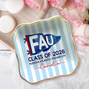 Custom School Pennant Flag Ring Dish: Class of 2026 Graduation Gift, College University Pride Spirit Gift, Senior Striped Tray for Her