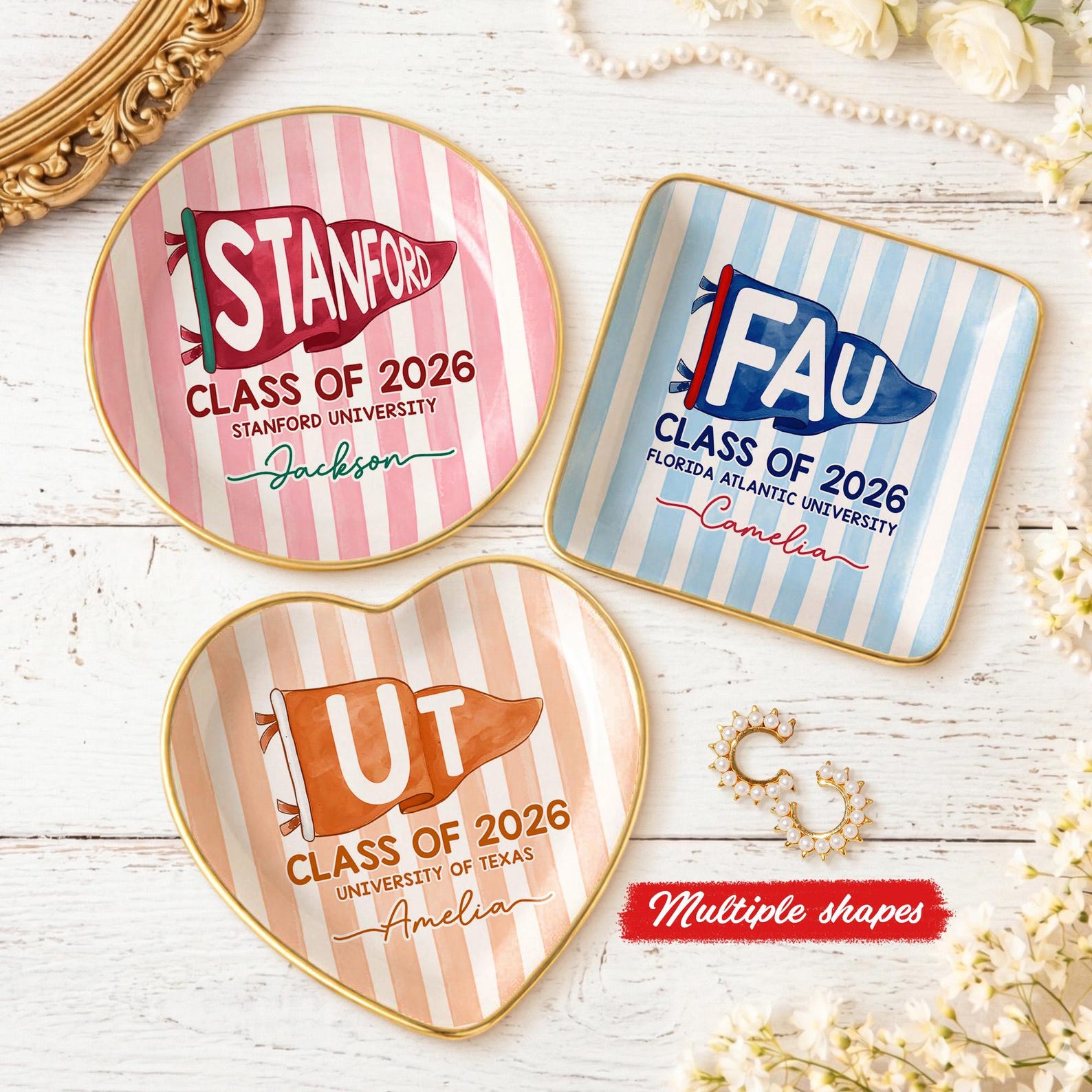 Custom School Pennant Flag Ring Dish: Class of 2026 Graduation Gift, College University Pride Spirit Gift, Senior Striped Tray for Her