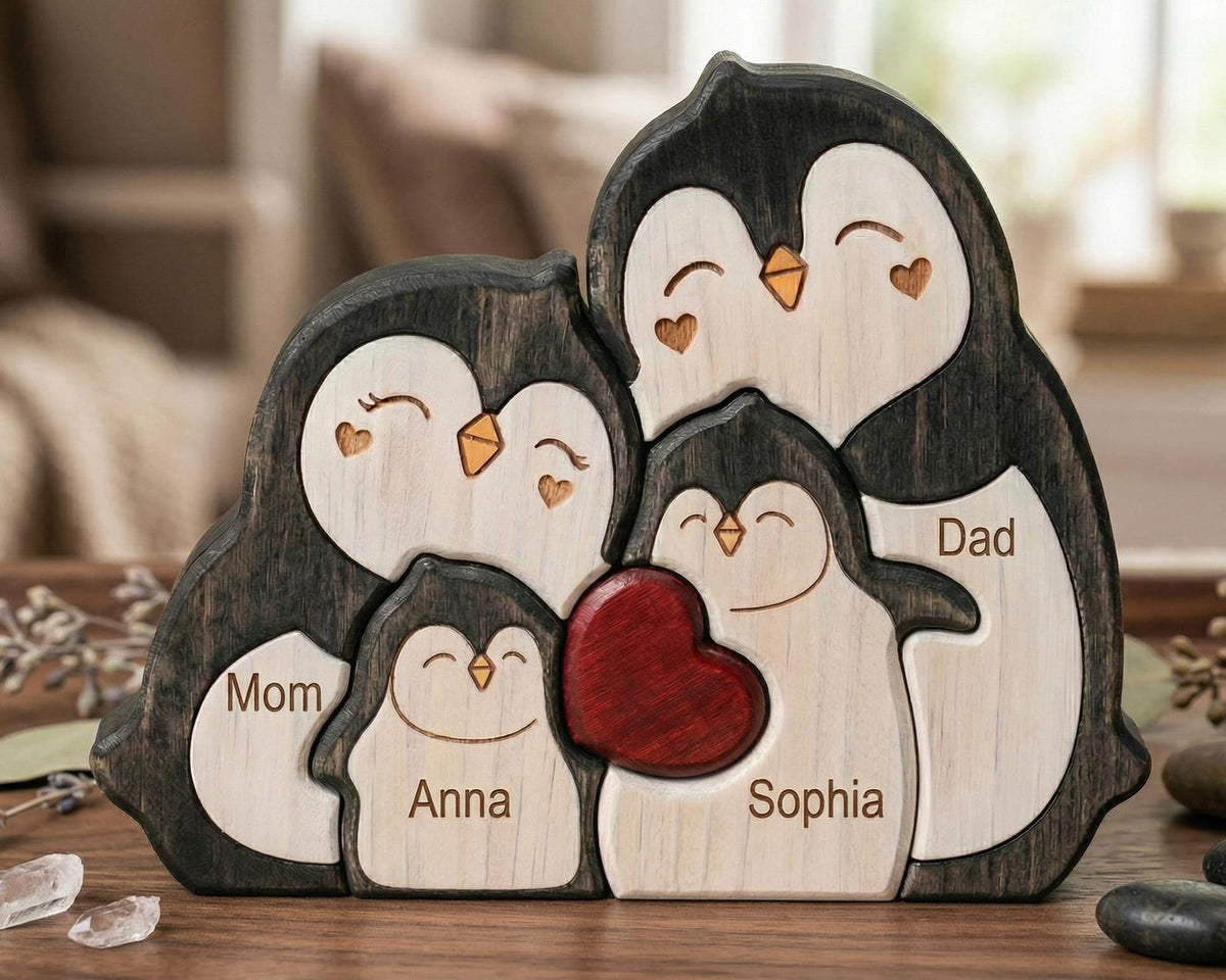 Personalized Penguin Family Wooden Puzzle, Custom Name Animal Family Decor, Mom Keepsake Gift, Mothers Day Gift, New Mom Desk Decor