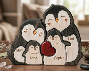 Personalized Penguin Family Wooden Puzzle, Custom Name Animal Family Decor, Mom Keepsake Gift, Mothers Day Gift, New Mom Desk Decor