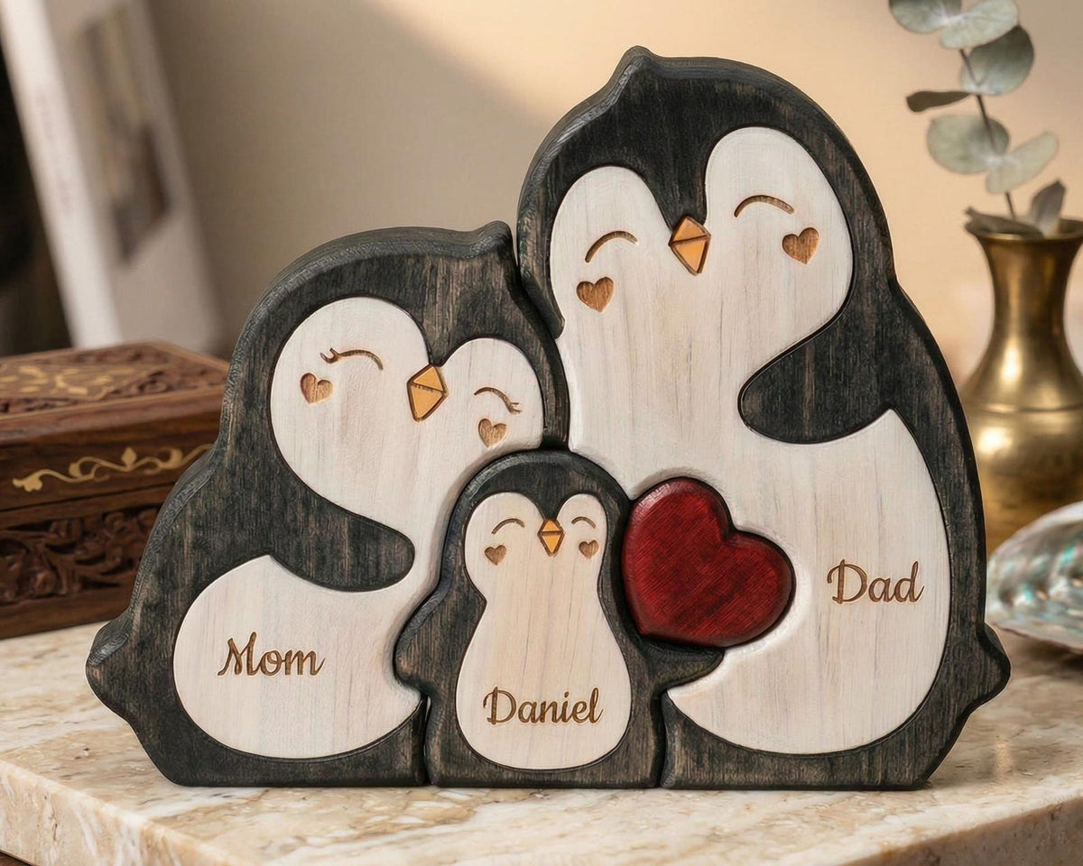 Personalized Penguin Family Wooden Puzzle, Custom Name Animal Family Decor, Mom Keepsake Gift, Mothers Day Gift, New Mom Desk Decor