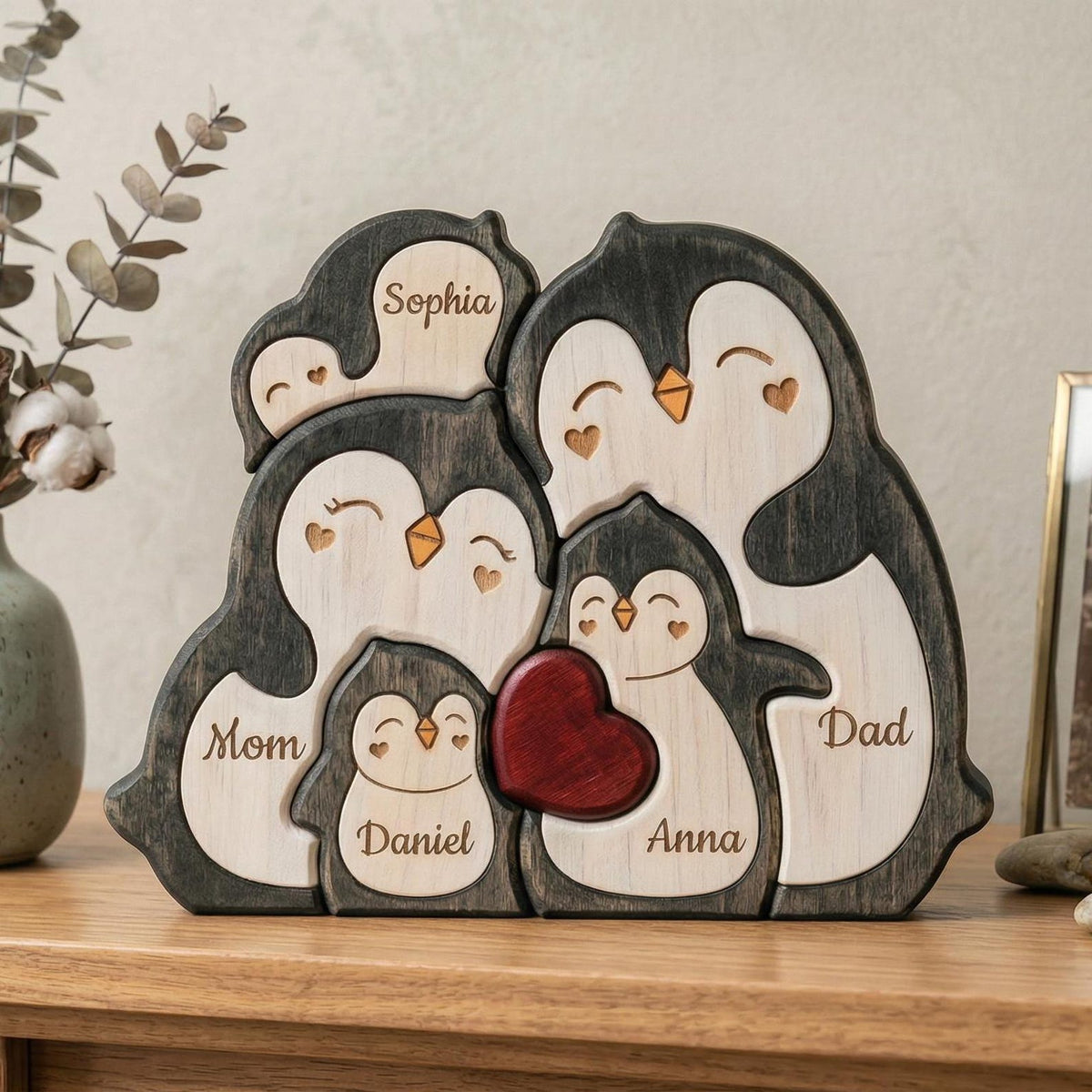 Personalized Penguin Family Wooden Puzzle, Custom Name Animal Family Decor, Mom Keepsake Gift, Mothers Day Gift, New Mom Desk Decor