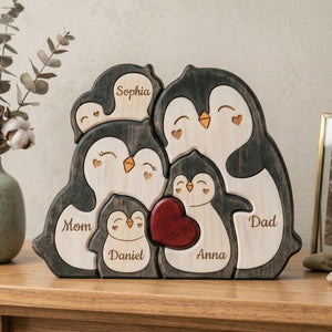 Personalized Penguin Family Wooden Puzzle, Custom Name Animal Family Decor, Mom Keepsake Gift, Mothers Day Gift, New Mom Desk Decor